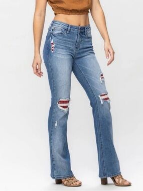 Judy Blue Mid Rise Plaid Patch Bootcut Jeans size 9/29 country cowboy NWOT